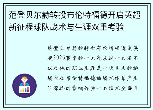 范登贝尔赫转投布伦特福德开启英超新征程球队战术与生涯双重考验