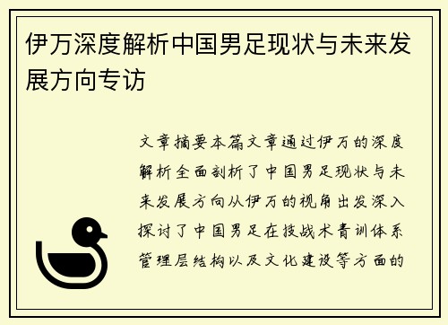 伊万深度解析中国男足现状与未来发展方向专访 伊万深度解析中国男足现状与未来发展方向专访