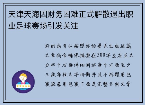 天津天海因财务困难正式解散退出职业足球赛场引发关注 天津天海因财务困难正式解散退出职业足球赛场引发关注
